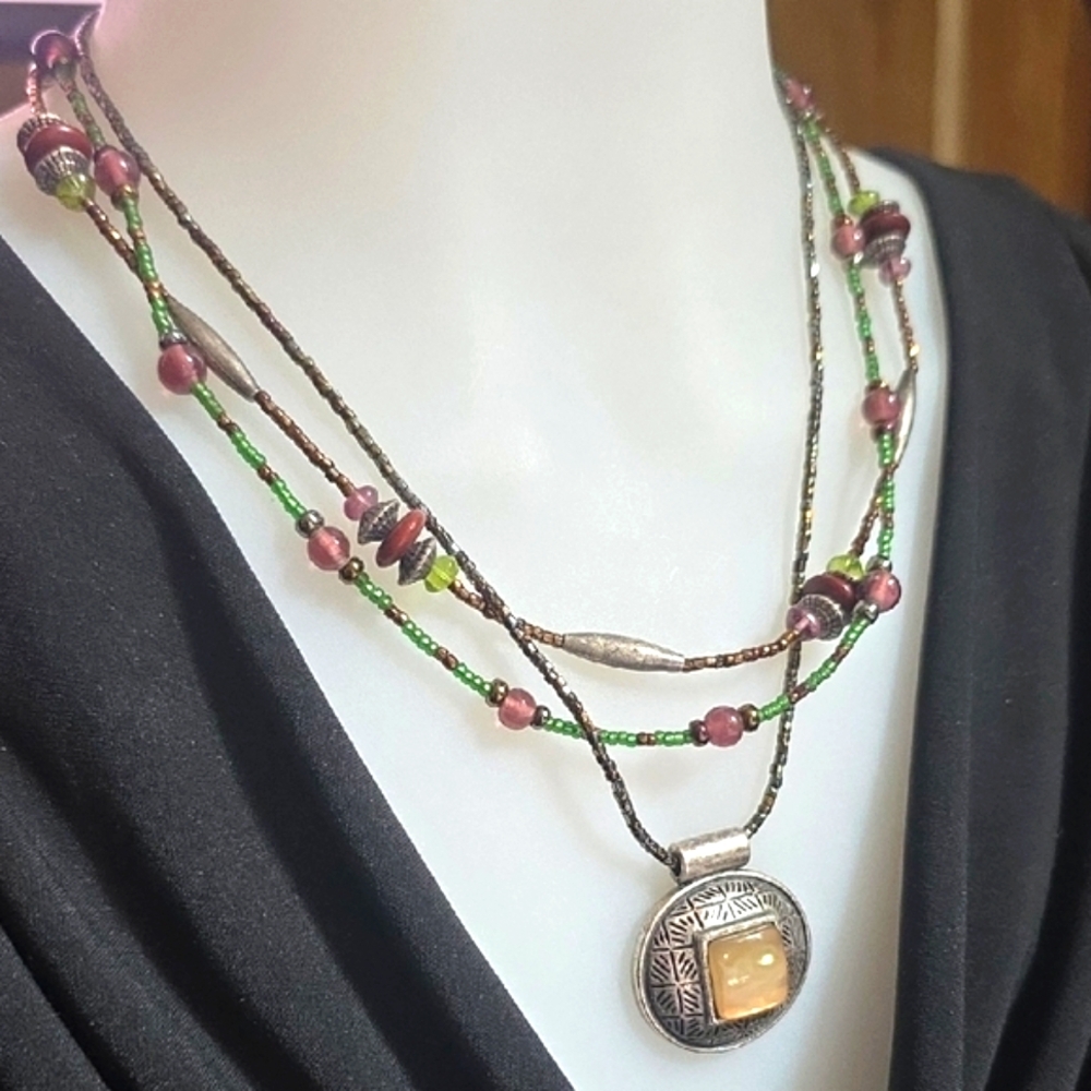 Chico's Multi Beaded Necklace with Silver Pendant Adjustable